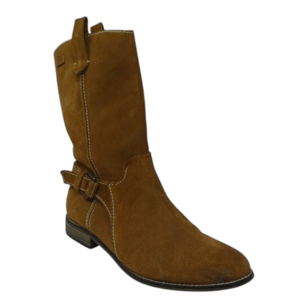 Mustang MTNG Mid-Calf Moto Boots Women 37 Tan Suede Buckle Zip Made in‎ Spain